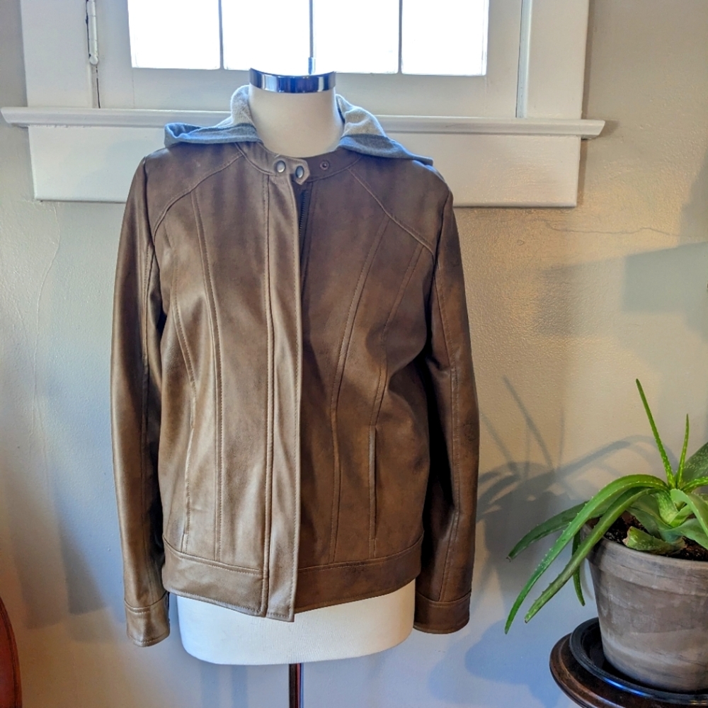 Lightweight vegan leather jacket with detachable hood.